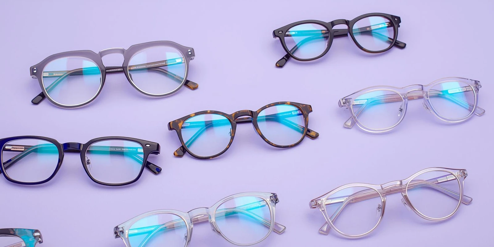 Colección de varias gafas sobre un fondo morado claro.