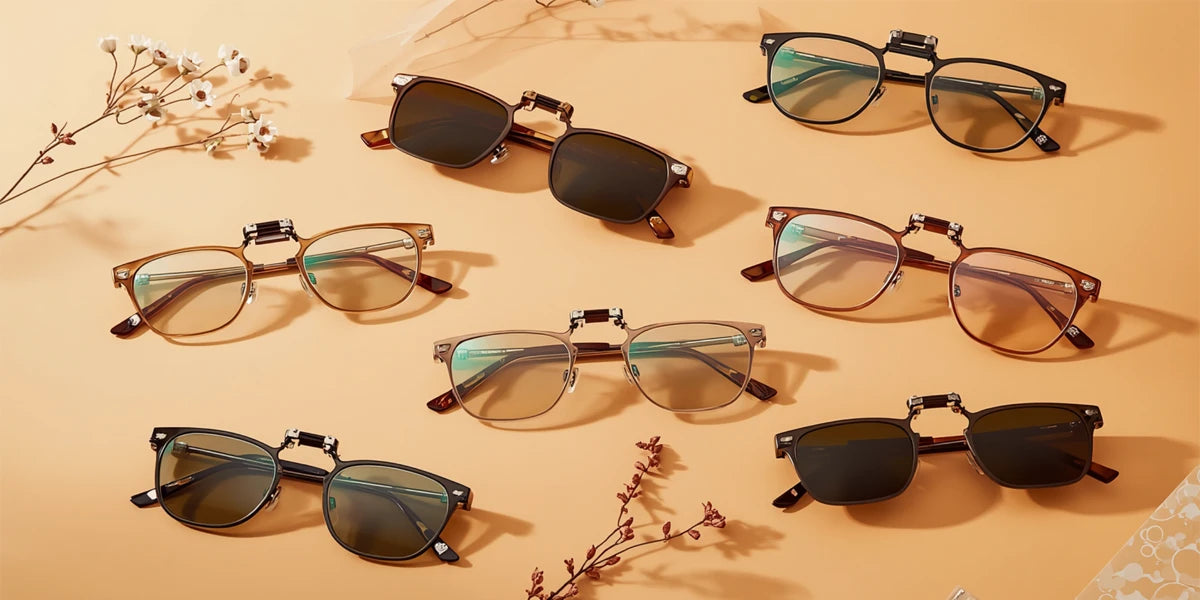 Colección de gafas de sol sobre una superficie beige con decoraciones florales.