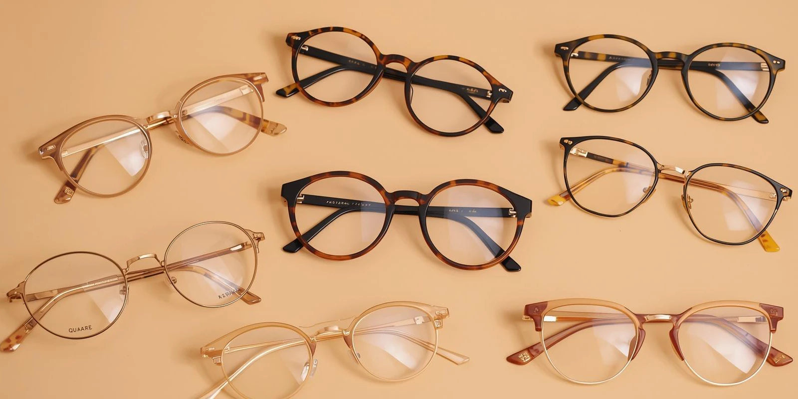 Colección de varias gafas sobre un fondo beige.