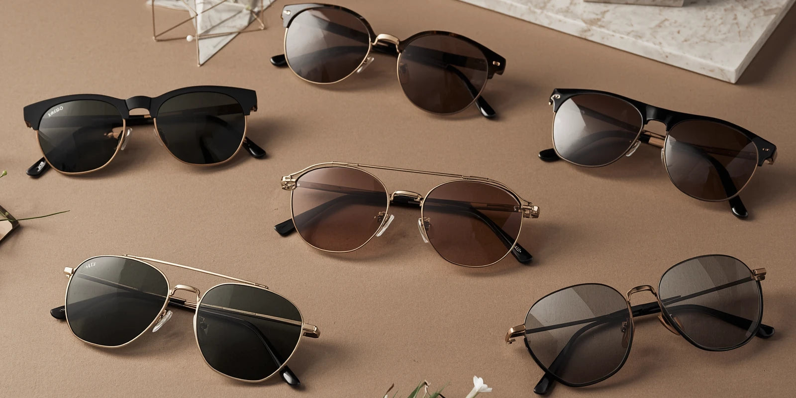 Colección de gafas de sol sobre una superficie marrón.